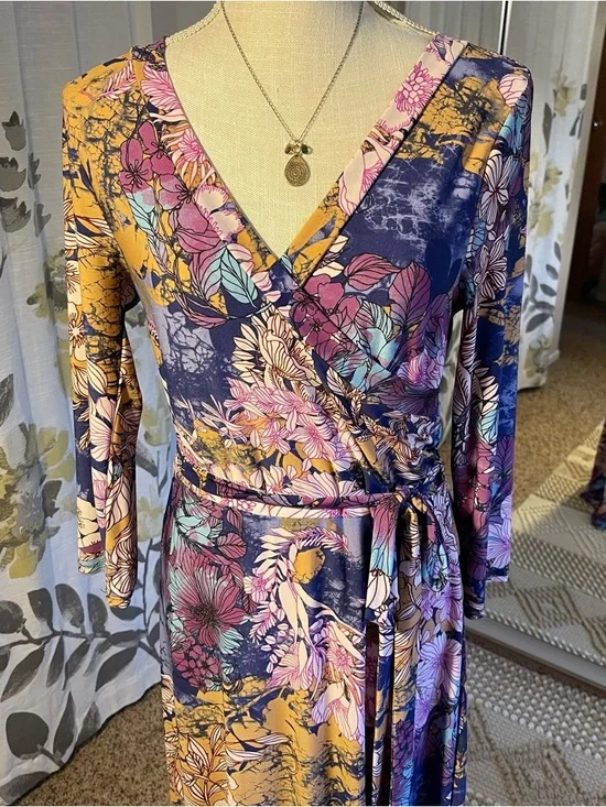 Floral Wrap Maxi Dress in Purple Navy and Mustard - Picture 2 of 7